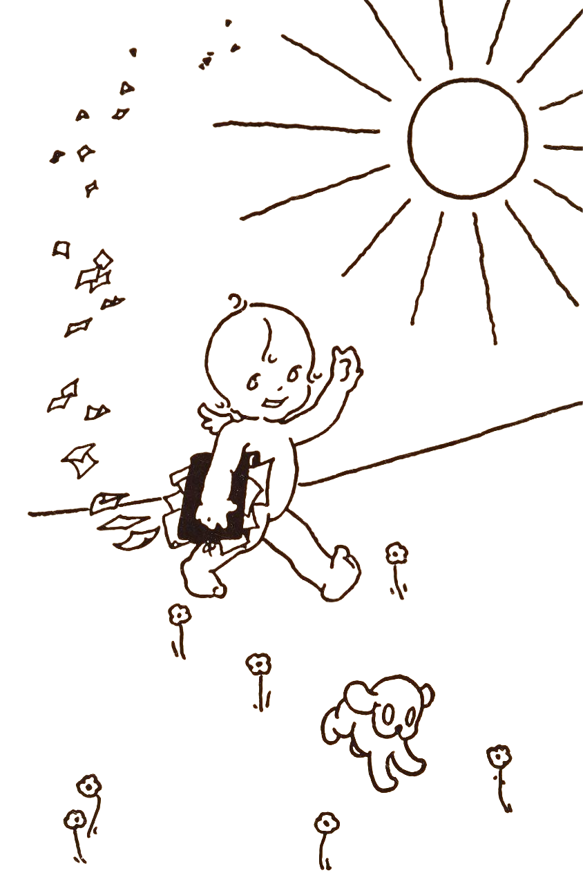 Cheerful Cherub walking with a folio of fluttering papers